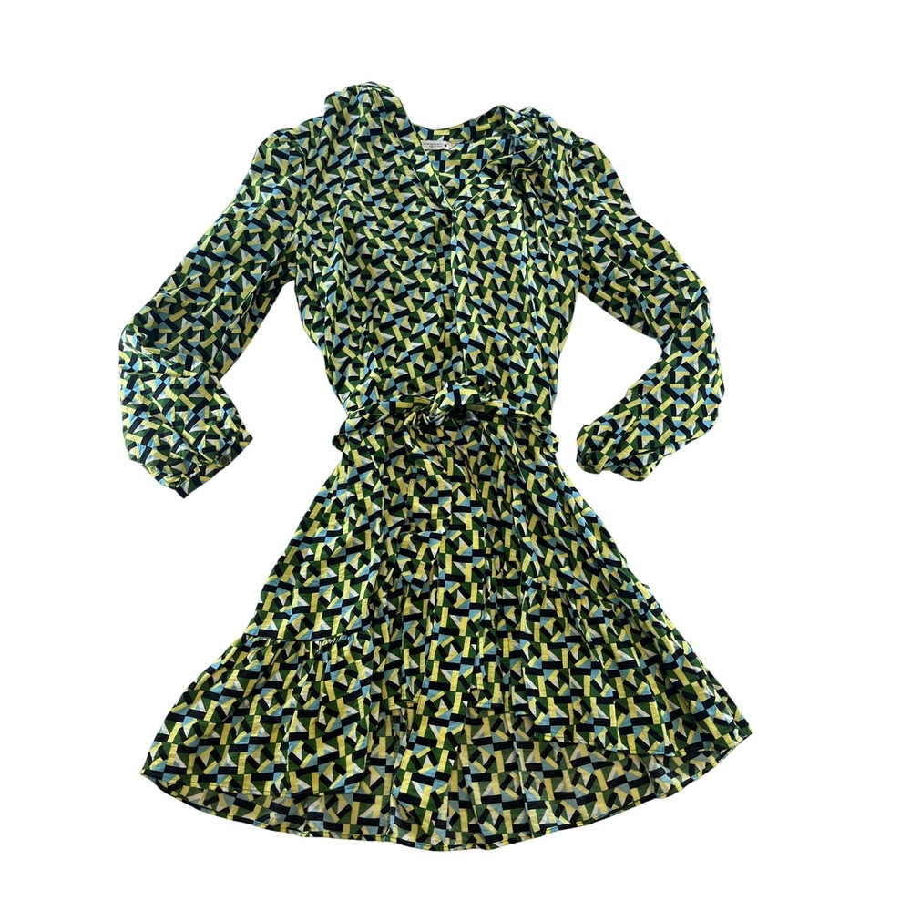 ZARA Geometric Print Tie Waist Tiered Ruffle Mini Dress Green Yellow‎ Blue XS